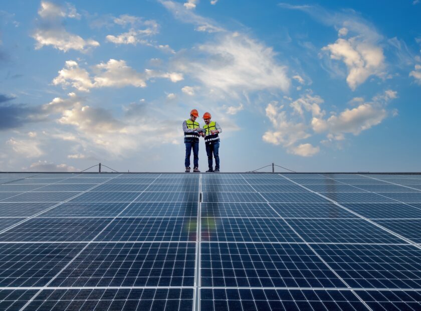 Engineers,Walking,On,Roof,Inspect,And,Check,Solar,Cell,Panel